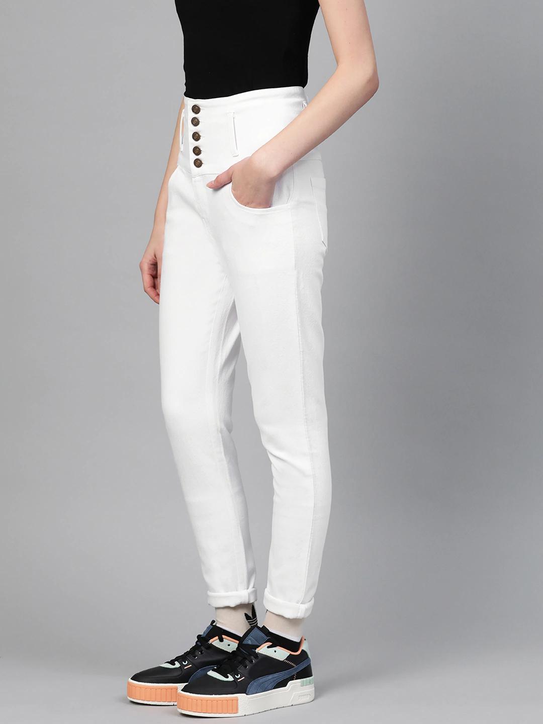 Women's White Metal Button High Waist Jeans