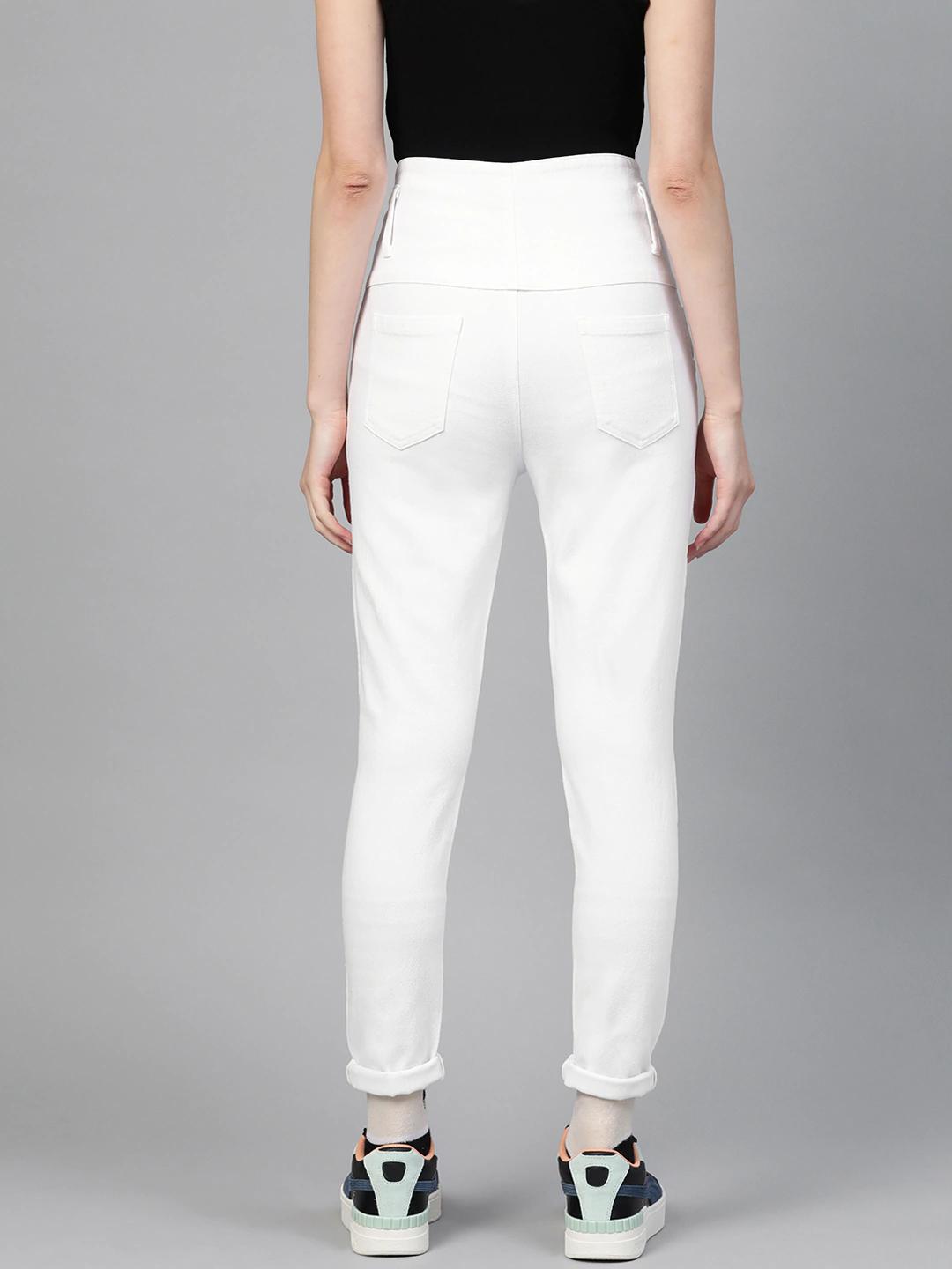 Women's White Metal Button High Waist Jeans