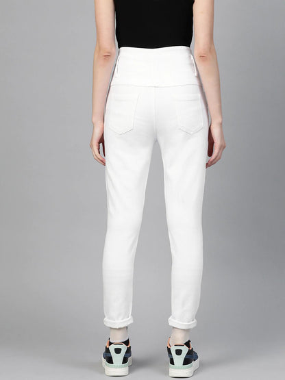 Women's White Metal Button High Waist Jeans