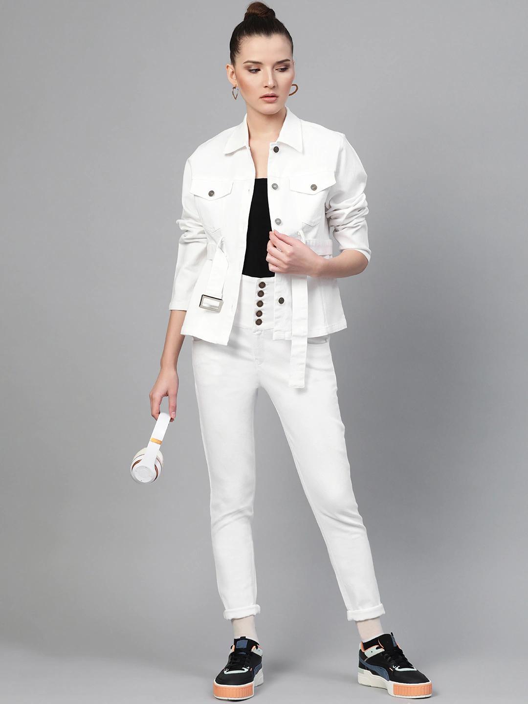 Women's White Metal Button High Waist Jeans