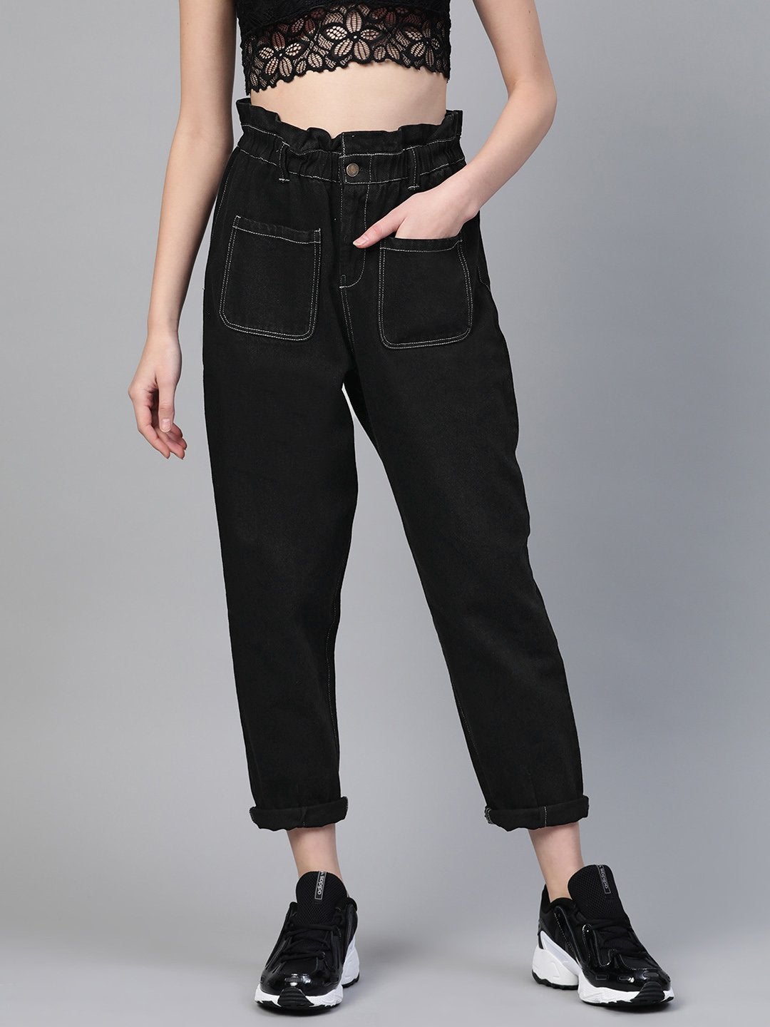 Women's Black Front Pocket Slouchy Jeans