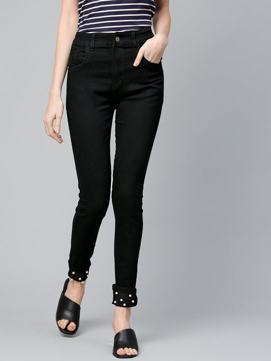 Women's Black Pearl Studded Hem Jeans