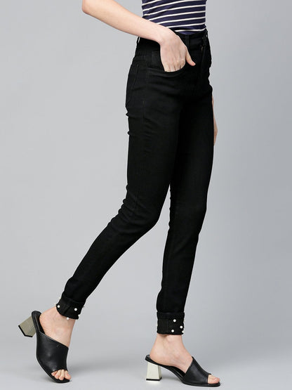 Women's Black Pearl Studded Hem Jeans