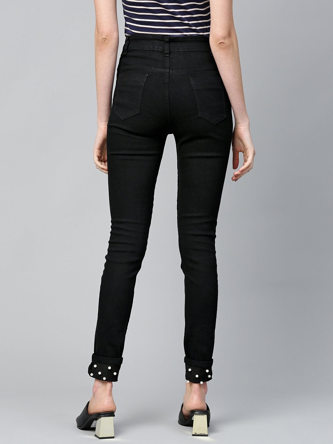 Women's Black Pearl Studded Hem Jeans