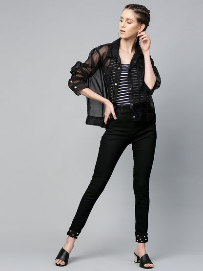 Women's Black Pearl Studded Hem Jeans