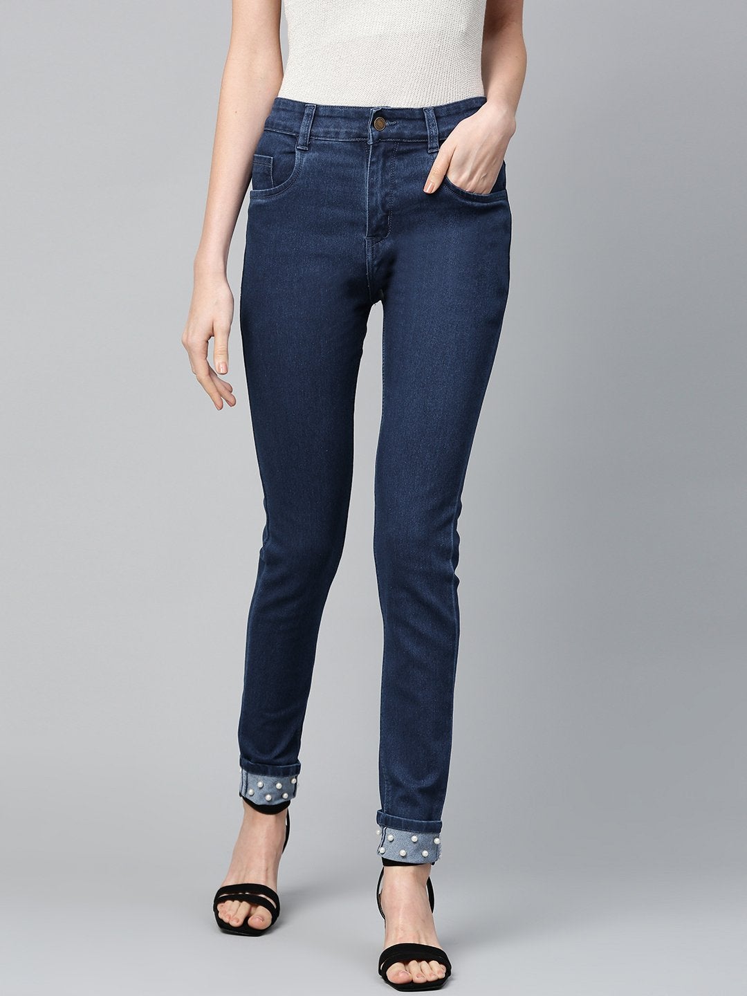 Women's Basic Blue Pearl Studded Hem Jeans