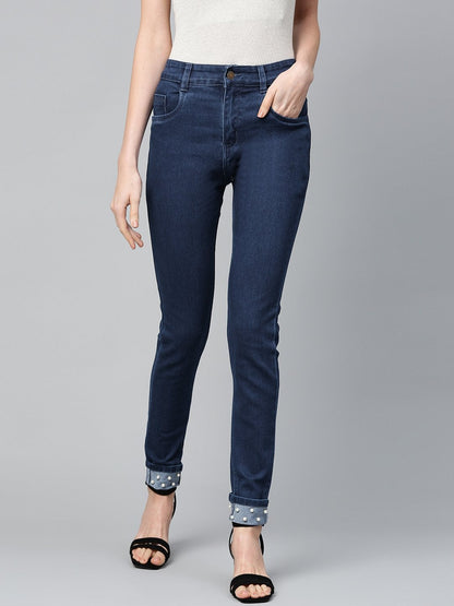 Women's Basic Blue Pearl Studded Hem Jeans