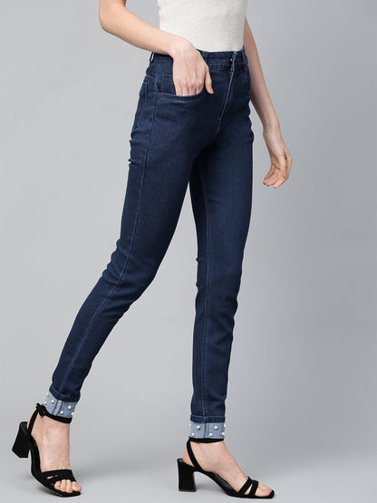 Women's Basic Blue Pearl Studded Hem Jeans