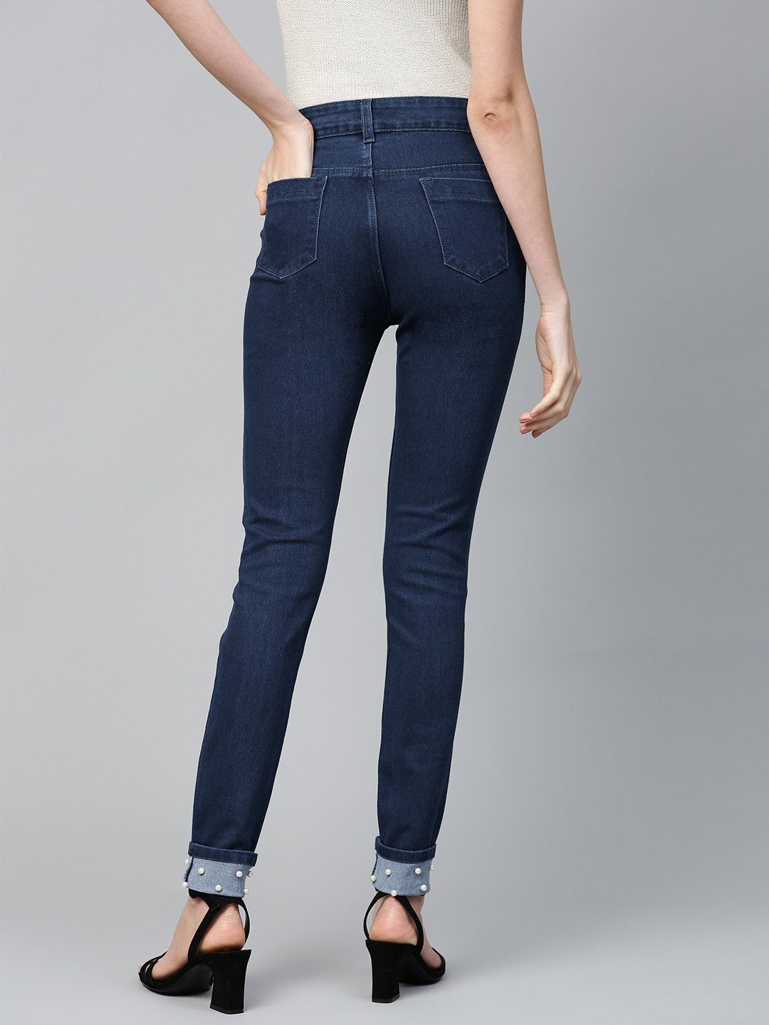 Women's Basic Blue Pearl Studded Hem Jeans