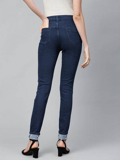 Women's Basic Blue Pearl Studded Hem Jeans