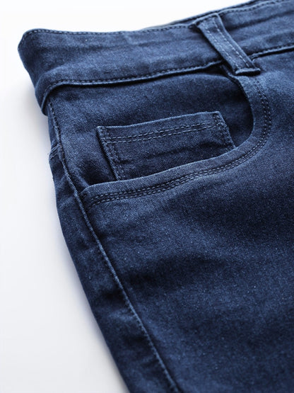 Women's Basic Blue Pearl Studded Hem Jeans