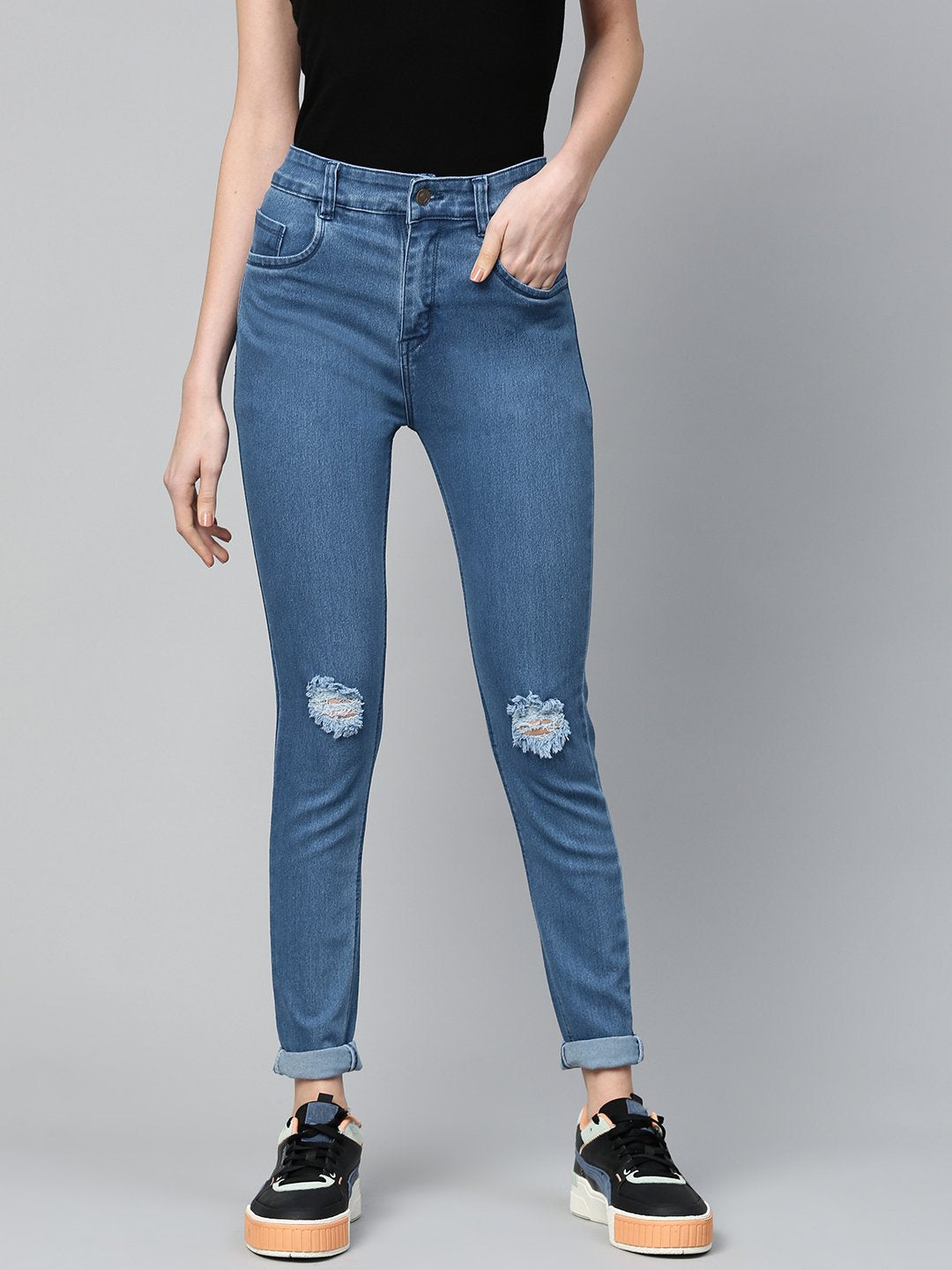 Women's Basic Blue Knee Distressed Slit Jeans