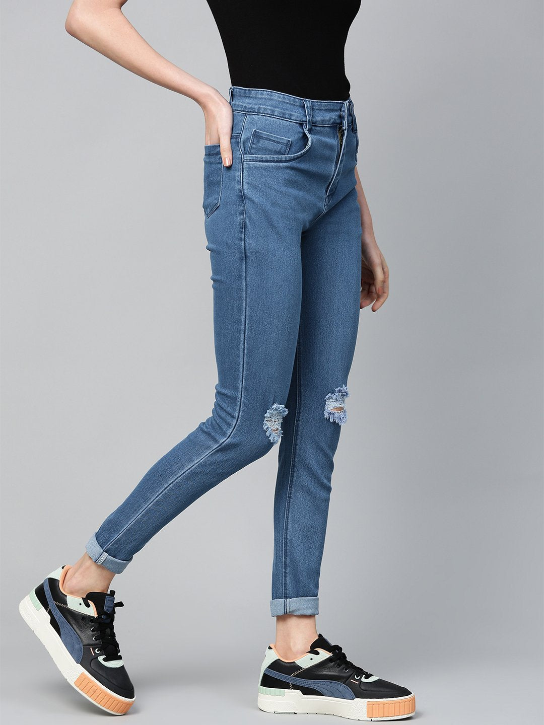 Women's Basic Blue Knee Distressed Slit Jeans