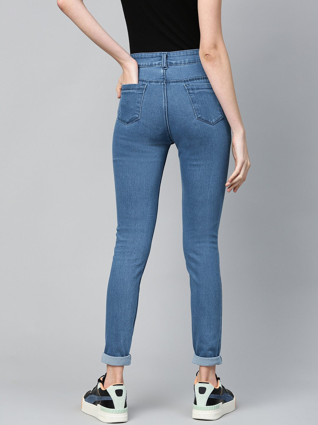 Women's Basic Blue Knee Distressed Slit Jeans