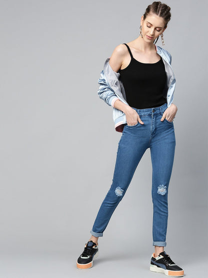 Women's Basic Blue Knee Distressed Slit Jeans