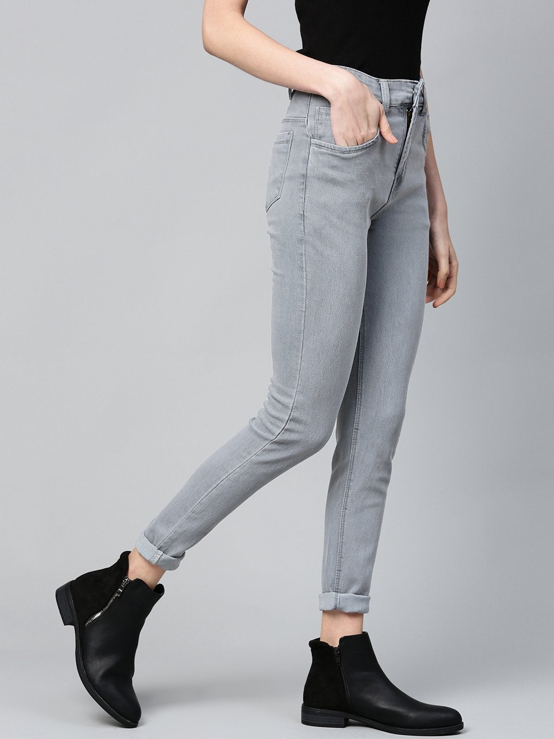 Women's Grey Basic Regular Jeans