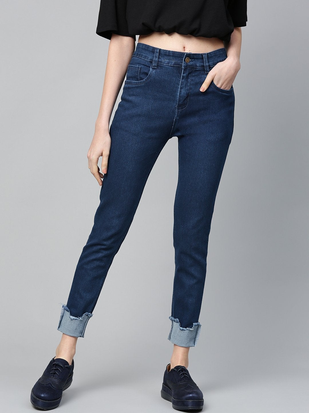 Women's Navy Uneven Raw Hem Jeans