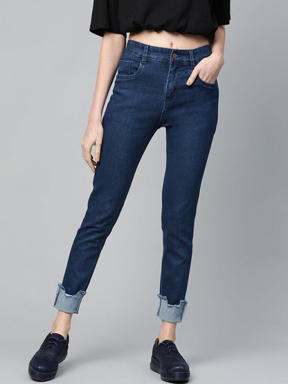 Women's Navy Uneven Raw Hem Jeans
