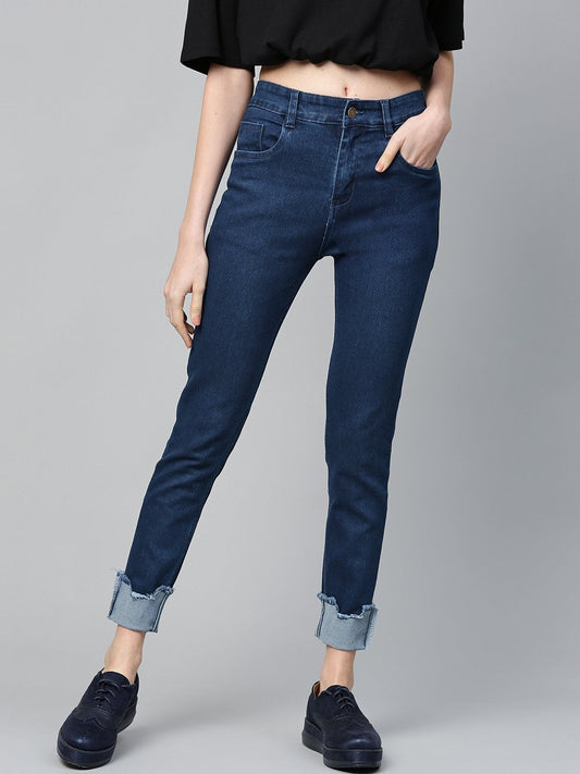 Women's Navy Uneven Raw Hem Jeans