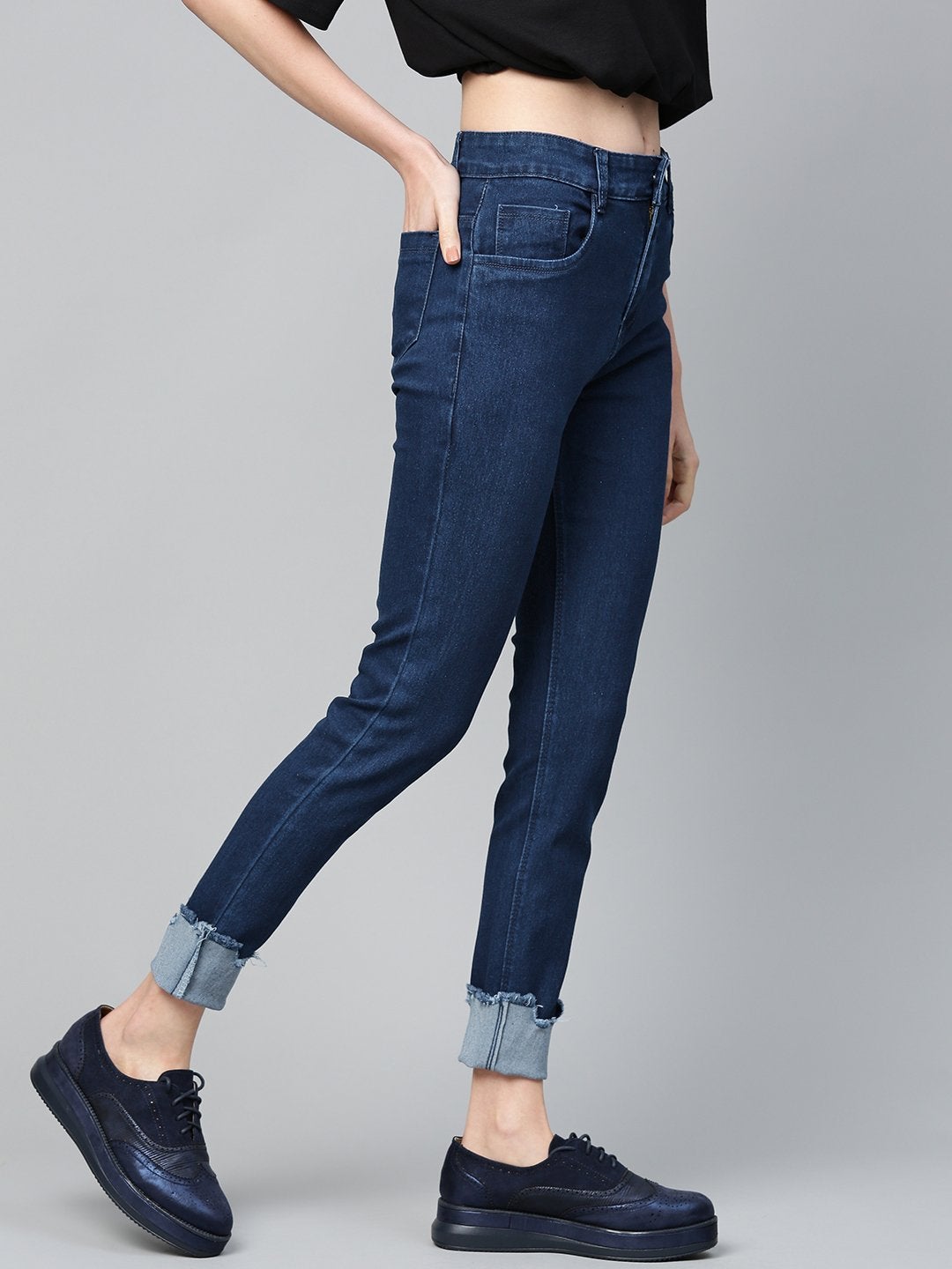 Women's Navy Uneven Raw Hem Jeans