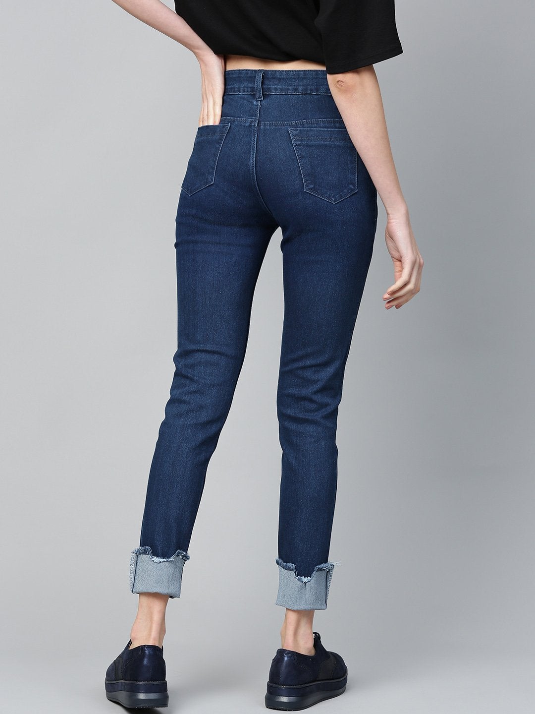 Women's Navy Uneven Raw Hem Jeans