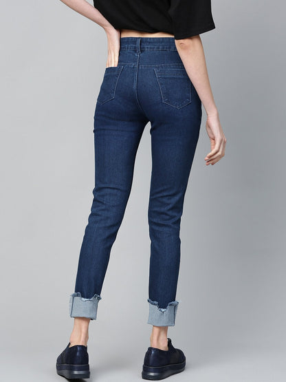 Women's Navy Uneven Raw Hem Jeans