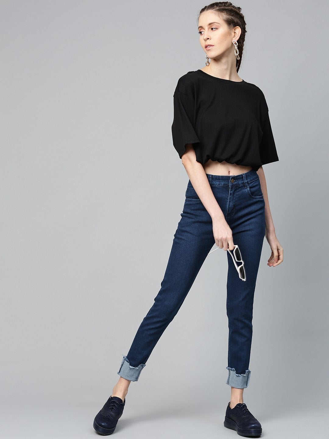 Women's Navy Uneven Raw Hem Jeans