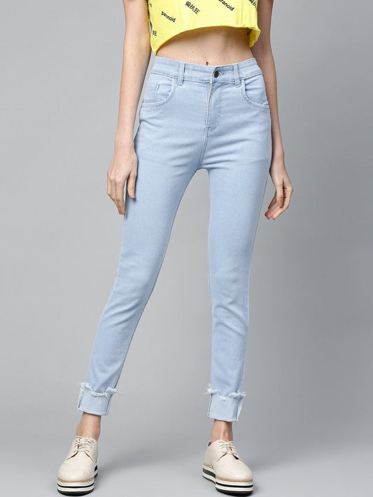 Women's Ice Blue Uneven Raw Basic Jeans
