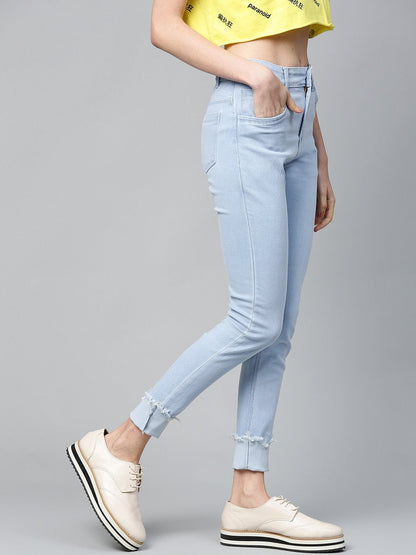 Women's Ice Blue Uneven Raw Basic Jeans