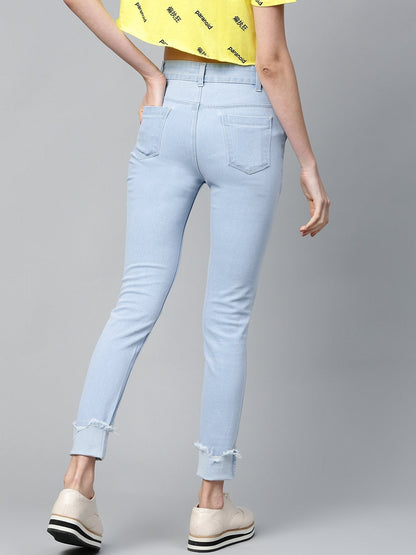 Women's Ice Blue Uneven Raw Basic Jeans