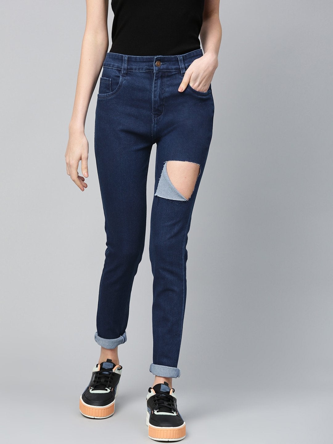 Women's Navy Heavy Ripped Slit Thigh Jeans