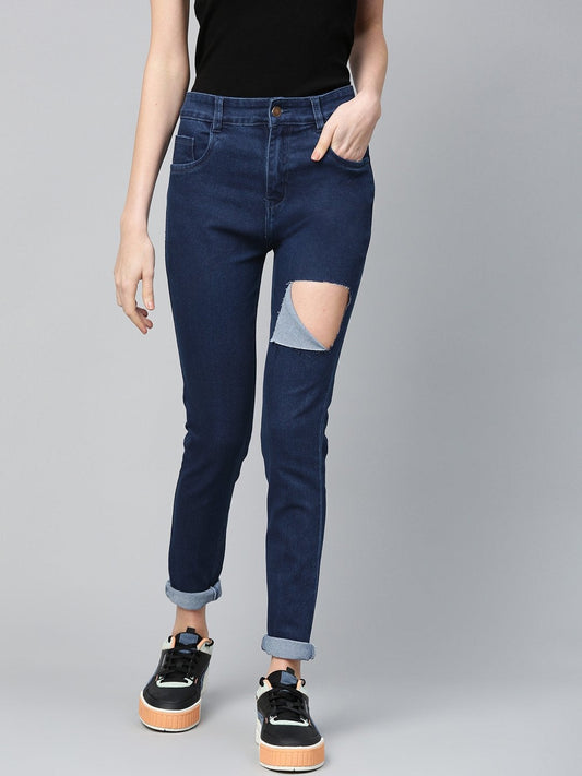 Women's Navy Heavy Ripped Slit Thigh Jeans