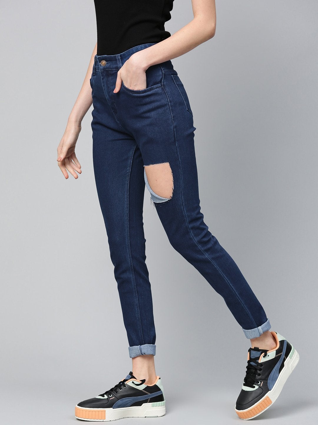 Women's Navy Heavy Ripped Slit Thigh Jeans