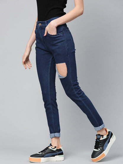 Women's Navy Heavy Ripped Slit Thigh Jeans