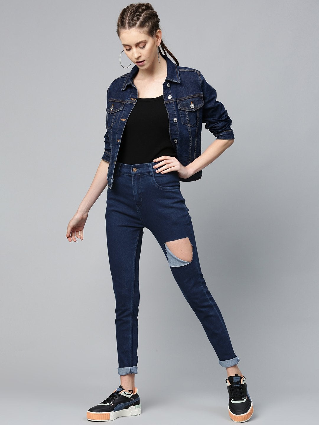 Women's Navy Heavy Ripped Slit Thigh Jeans