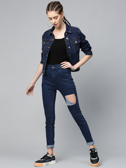Women's Navy Heavy Ripped Slit Thigh Jeans