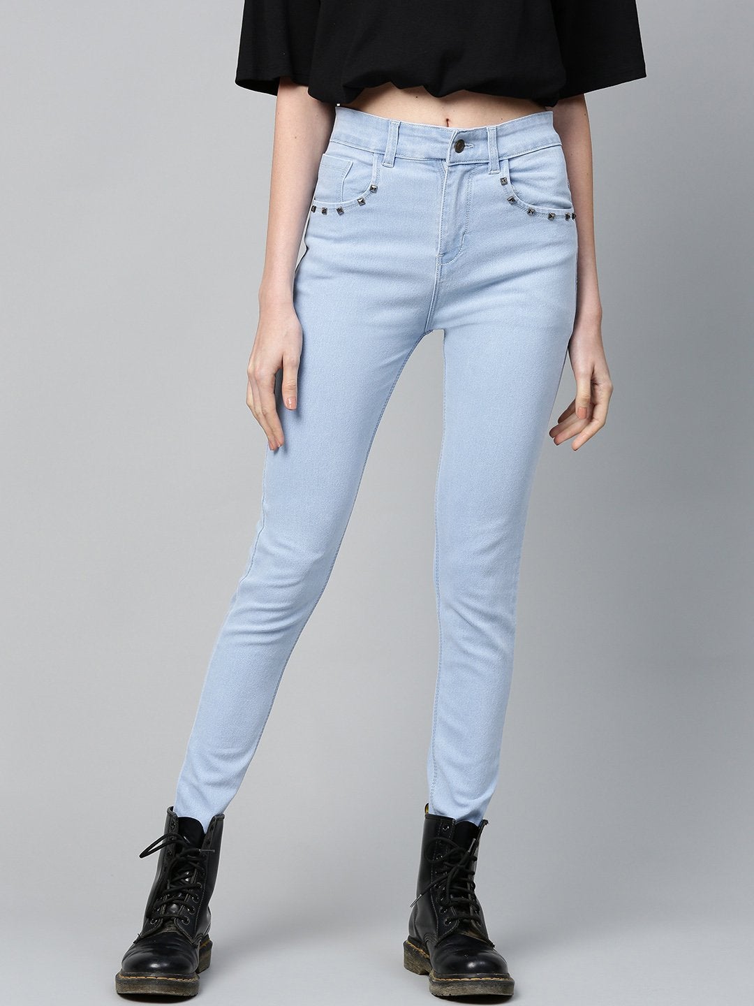 Women's Ice Blue Pearl Studded Pocket Jeans
