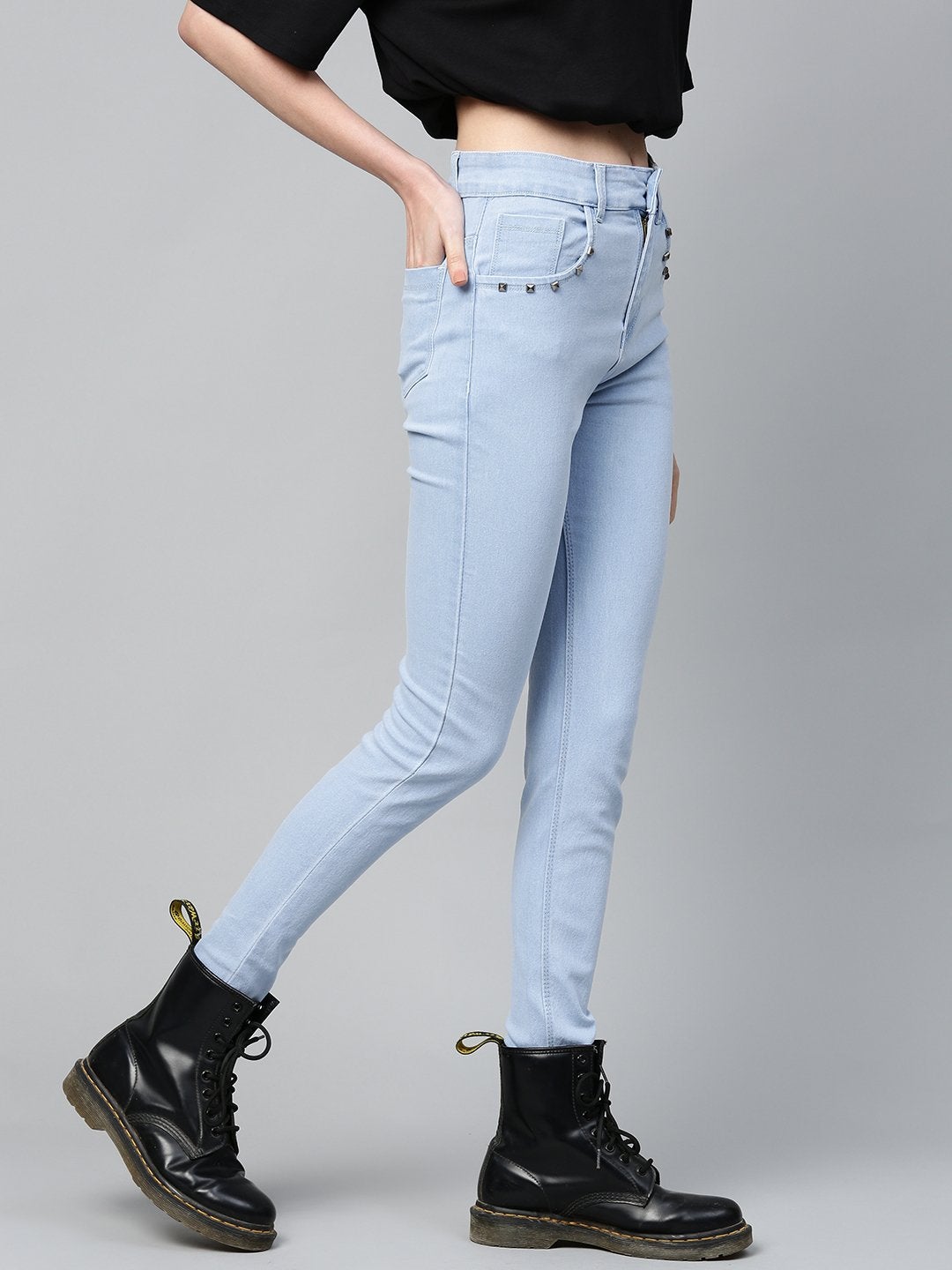 Women's Ice Blue Pearl Studded Pocket Jeans