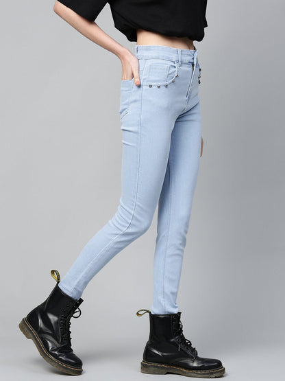 Women's Ice Blue Pearl Studded Pocket Jeans