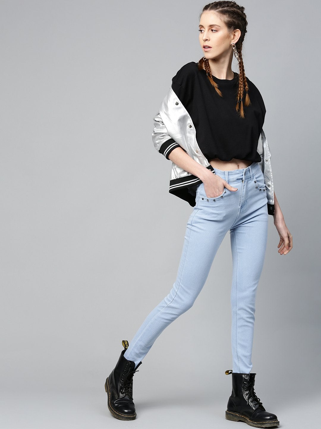 Women's Ice Blue Pearl Studded Pocket Jeans