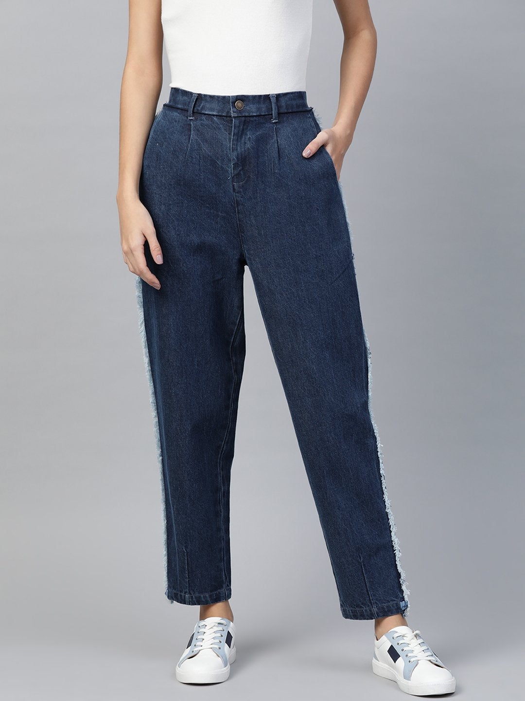 Women's Blue Side Fringe Tape Detail Slouchy Jeans