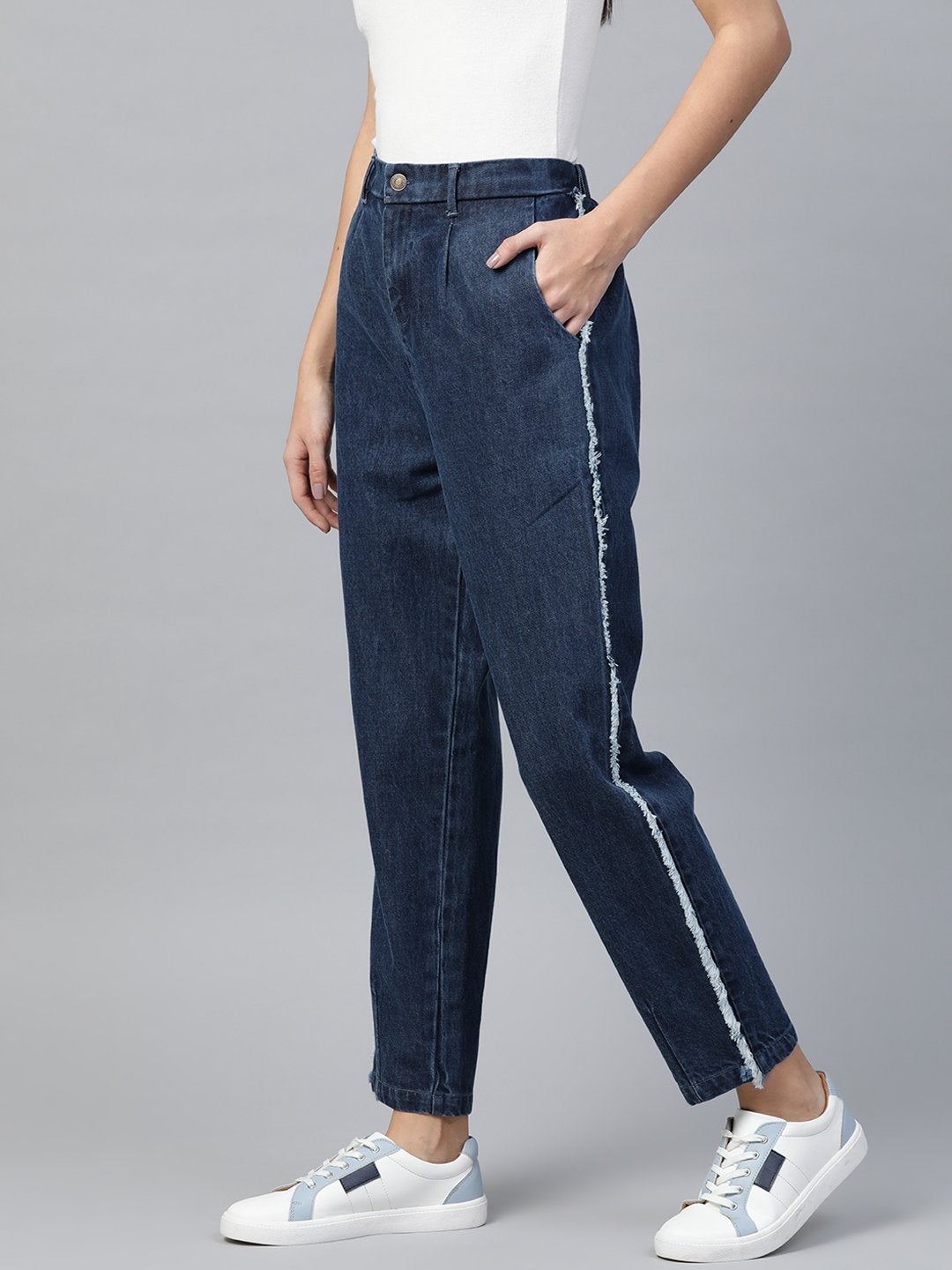 Women's Blue Side Fringe Tape Detail Slouchy Jeans