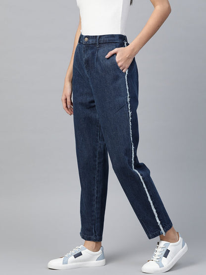 Women's Blue Side Fringe Tape Detail Slouchy Jeans