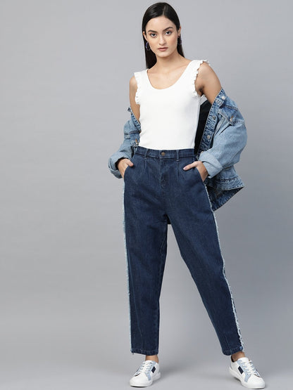 Women's Blue Side Fringe Tape Detail Slouchy Jeans