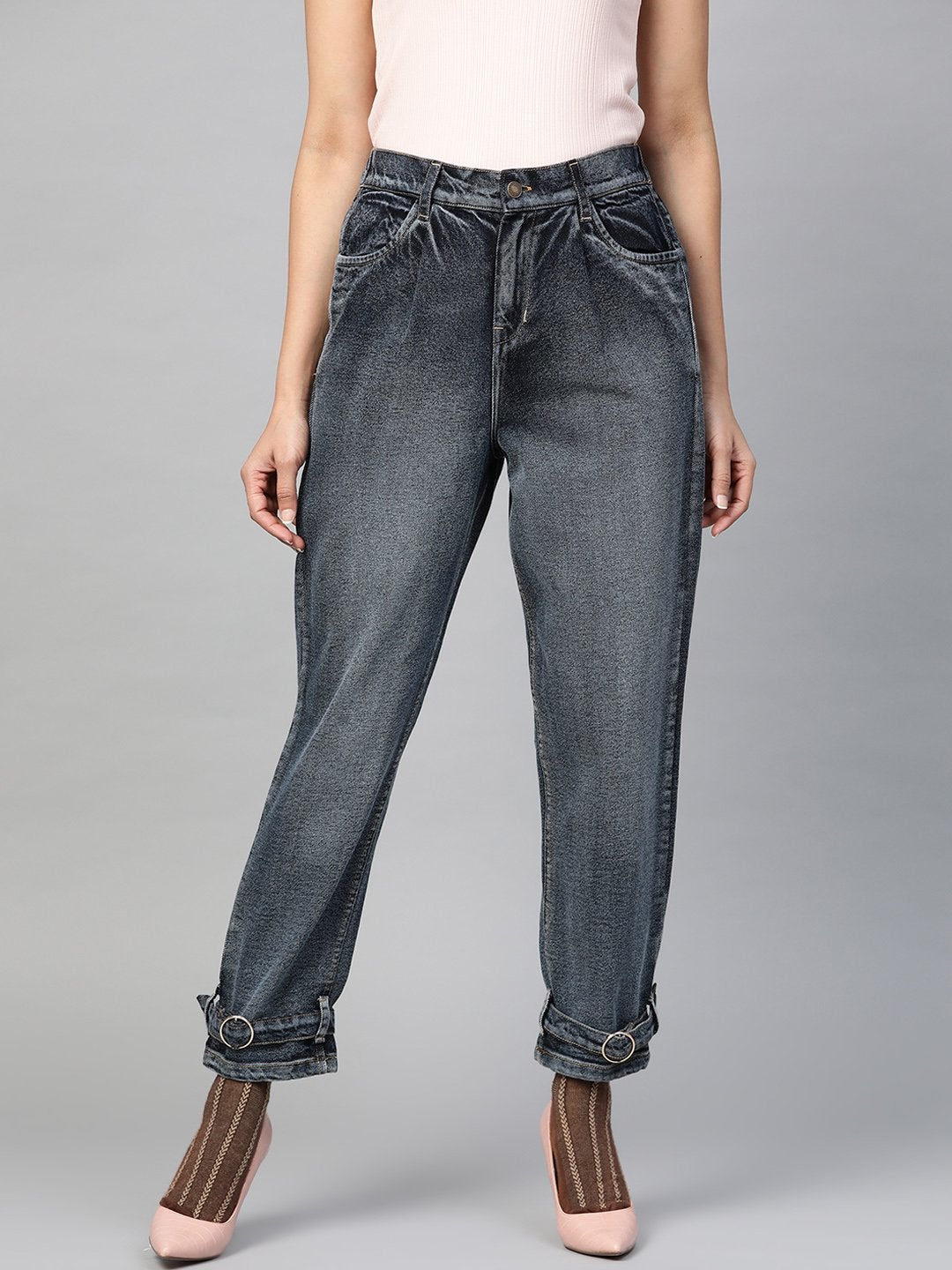 Women's Navy Washed Ring Detail High Waist Jeans