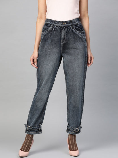 Women's Navy Washed Ring Detail High Waist Jeans