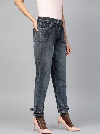 Women's Navy Washed Ring Detail High Waist Jeans