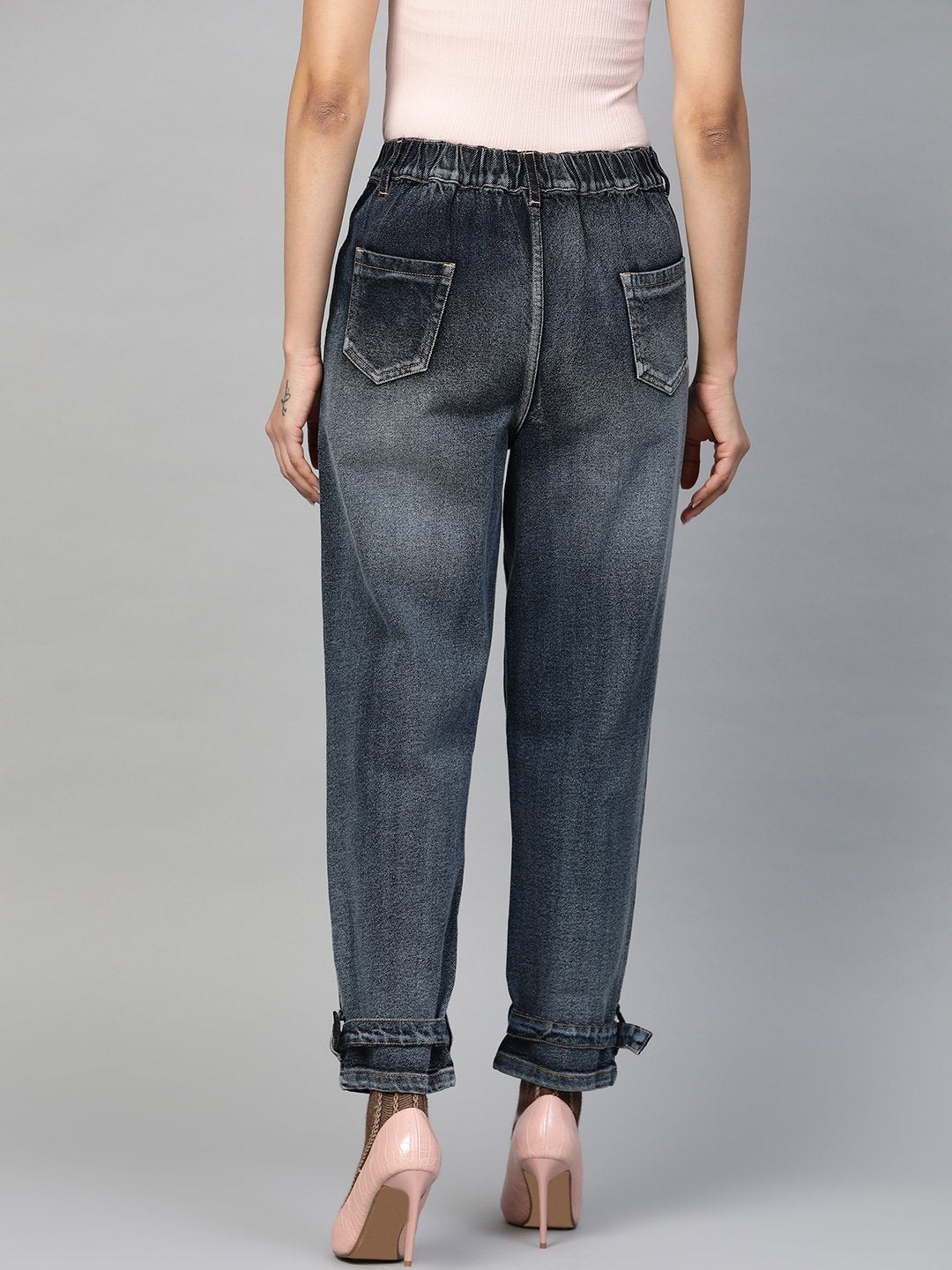 Women's Navy Washed Ring Detail High Waist Jeans