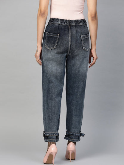 Women's Navy Washed Ring Detail High Waist Jeans