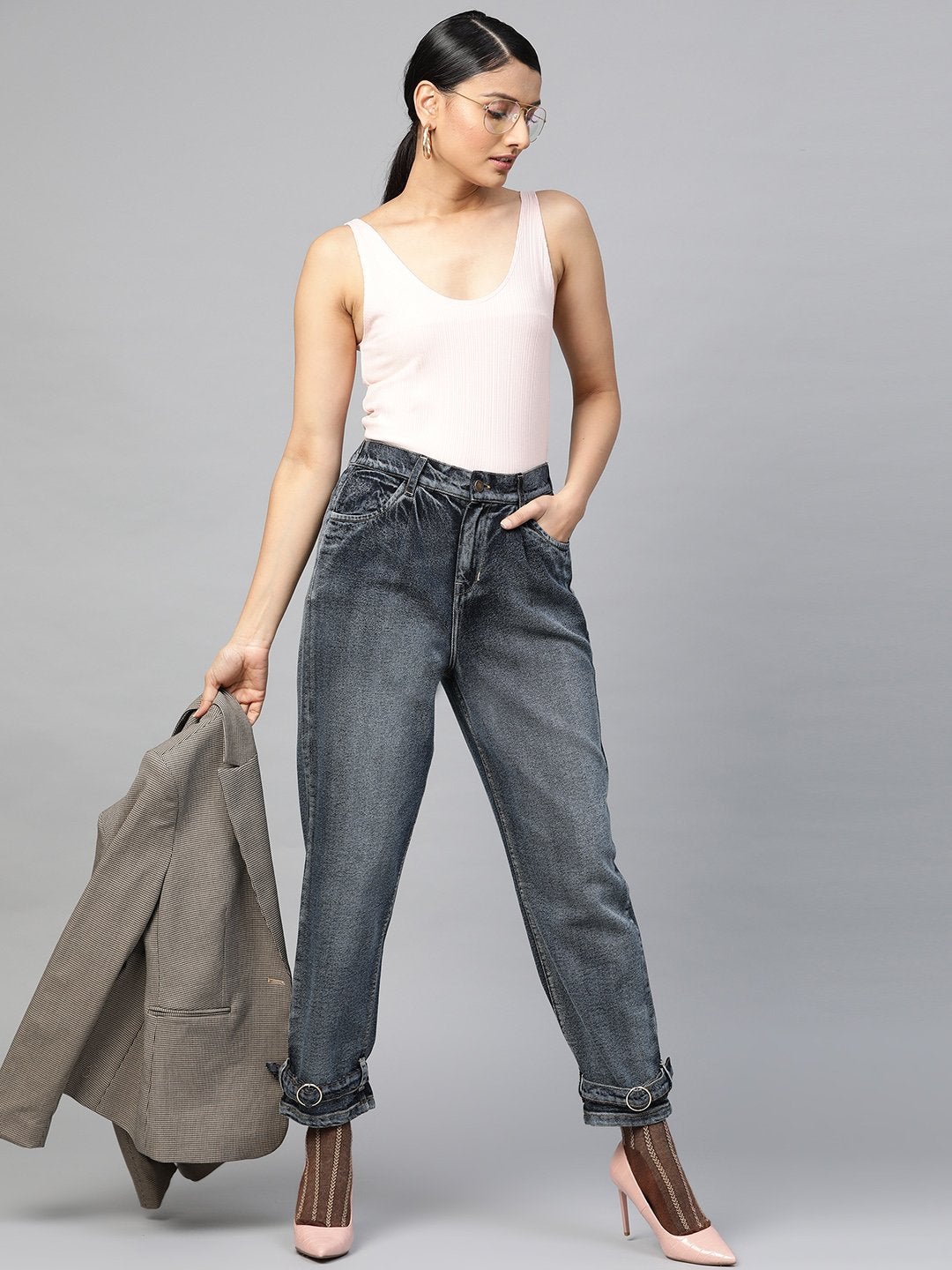 Women's Navy Washed Ring Detail High Waist Jeans